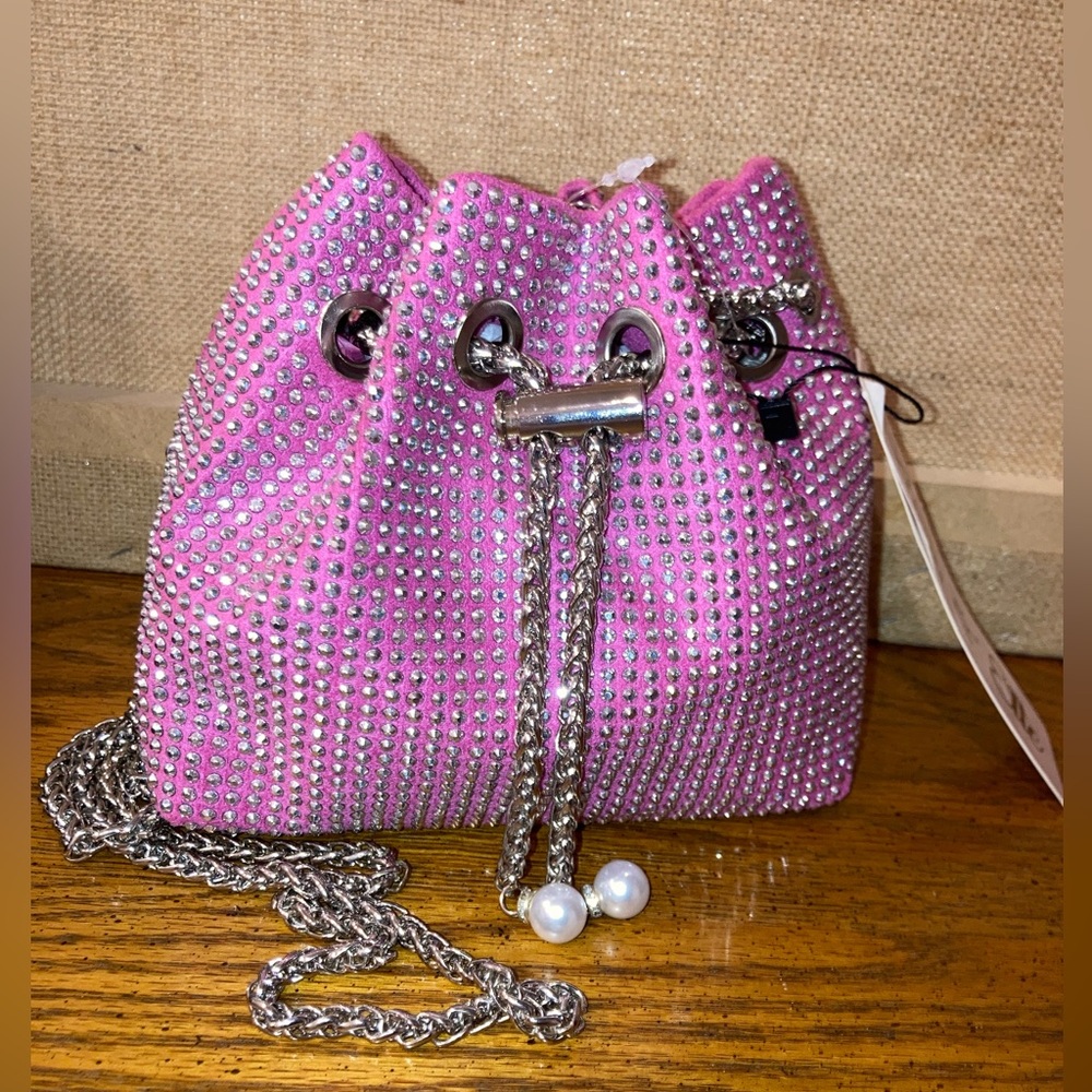 Studded Hobo Drawstring Shoulder Bag -Pink & Silver - NWT